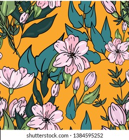 Seamless vector pattern with pink flower, grass, leaf on orange background. Wallpaper, fabric and textile design. Good for printing. Wrapping paper pattern. Cute pattern. 