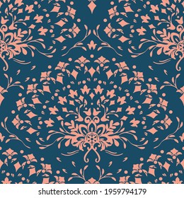 Seamless vector pattern with pink flower rainbow on blue background. Romantic baroque  floral wallpaper design. Vintage damask fashion textile.