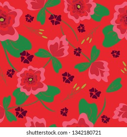 Seamless vector pattern with pink flowers on red background. Beautiful romantic wallpaper design. Floral fashion textile.