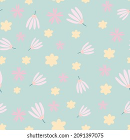 Seamless vector pattern of pink flowers on a light blue background. Colorful spring flowers pattern for textile, fabric, wallpaper, wrapping paper. Romantic, light background.