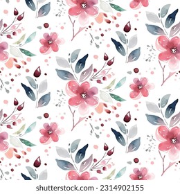 Seamless vector pattern of pink flowers and leaves in a watercolor style on a white background