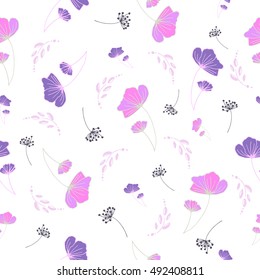  seamless vector pattern of pink flowers, ears of grain and dried flowers
