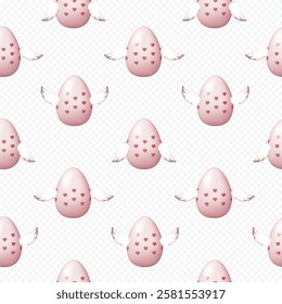 Seamless vector pattern with Pink flying Easter eggs with wings on transparent background