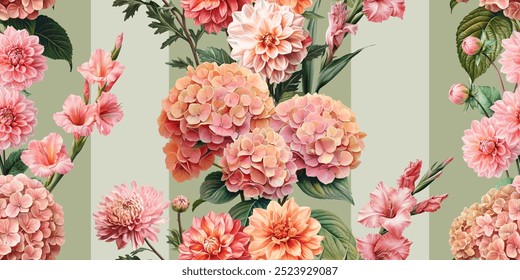 Seamless vector pattern with pink garden flowers isolated on a changeable background. Vintage painting style illustration.