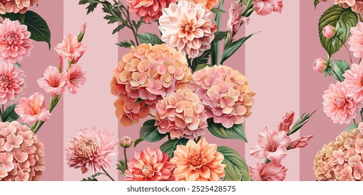 Seamless vector pattern with pink garden flowers isolated on a changeable background. Vintage painting style illustration.