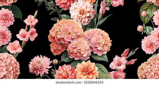 Padrão de vetor sem costura com flores de jardim rosa isoladas em um fundo mutável. Ilustração estilo pintura vintage.