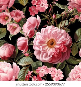 Seamless vector pattern with pink garden flowers isolated on a black background. Vintage painting style illustration.