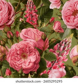 Seamless vector pattern with pink garden roses and lupine flowers isolated on a changeable background. Vintage painting style illustration.
