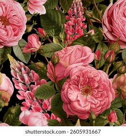 Seamless vector pattern with pink garden roses and lupine flowers isolated on a changeable background. Vintage painting style illustration.