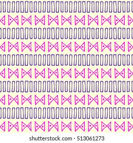 Seamless vector pattern.  Pink geometrical background with hand drawn little decorative elements. Print with ethnic, folk, traditional motifs. Graphic vector illustration. Line drawing