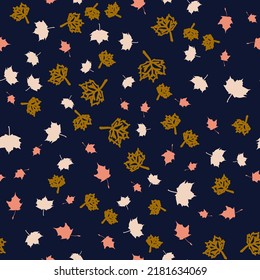 Seamless vector pattern with pink and golden maple leaves on a dark background. Modern trendy botanical texture for fabric print, wrapping paper.