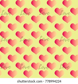 Seamless vector pattern with pink gradient hearts and word Love on yellow background