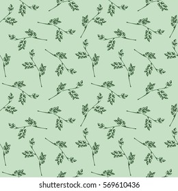 Seamless vector pattern, pink hand drawn background with branch and leaves. Hand sketch drawing. Doodle style. Series of Hand Drawn Patterns.