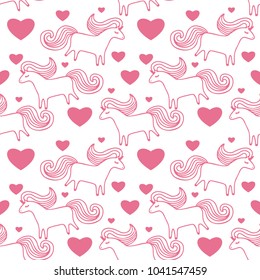 Seamless vector pattern with pink hearts and unicorns on white background