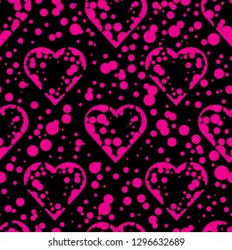 
Seamless vector pattern with pink hearts and dots on the black background. 