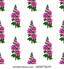 Seamless vector pattern with pink hollyhock flowers and green leaves on white background