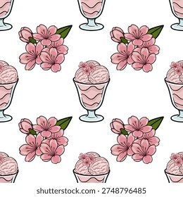 Seamless vector pattern of pink ice cream scoops in a glass with cherry blossoms.
