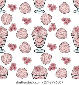 Seamless vector pattern of pink ice cream scoops and cherry blossoms