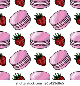 Seamless vector pattern of pink macarons and strawberries, a delightful illustration of sweet treats perfect for bakery branding or dessert-themed designs.