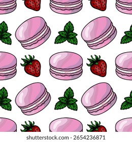 Seamless vector pattern of pink macarons, strawberries, and mint leaves, a delightful illustration for sweet food design projects.