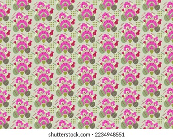 Seamless vector pattern with pink and magenta flowers on green