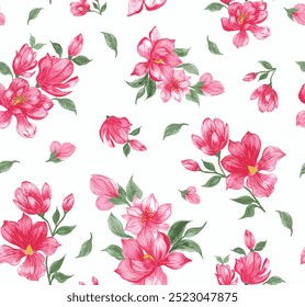 seamless vector pattern with pink magnolia flowers and tropical leaves. set of pink magnolia. hand drawn watercolor flower bunch pattern isolated on white background. Magnolia flowers vector elements.