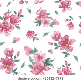 padrão de vetor sem costura com flores de magnolia rosa e folhas tropicais. conjunto de magnolia rosa. desenhado à mão aquarela padrão de cacho de flores isolado no fundo branco. Elementos vetoriais de flores de magnólia.