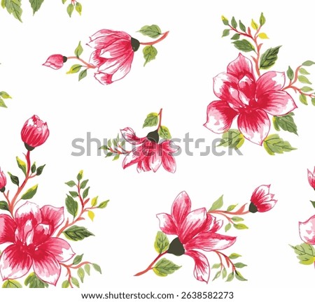 seamless vector pattern with pink magnolia flowers and tropical leaves. set of pink magnolia. hand drawn watercolor flower bunch pattern isolated on white background. Magnolia flowers vector elements.