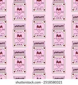 Patrón de Vector sin costuras con matchbook rosa. Doodle partidos en caja abierta con el corazón ardiente. Fondo de San Valentín. Y2k diseño femenino. Vector gráfico para el Fondo de pantalla, papel de embalaje, textil