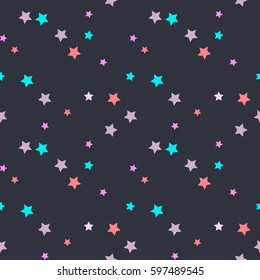 Seamless vector pattern with pink, mint beige stars on dark grey background.
