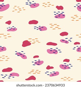 Seamless vector pattern with pink organicly shaped blobs and dashes, great for textile, packaging