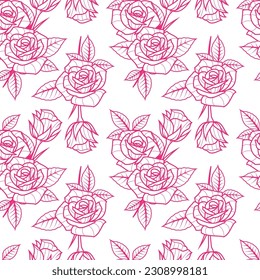 Seamless vector pattern with pink outline roses on a white background. Can be used for wrapping paper, covers, etc