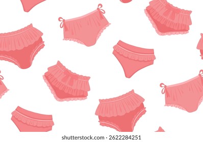 Seamless vector pattern with pink panties with ruffles on a white background. Delicate texture with female underwear. Surface design with clothes for wrapping paper