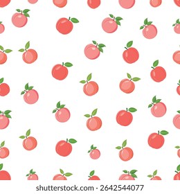 Seamless Vector Pattern of Pink Peaches with Green Leaves on White Background