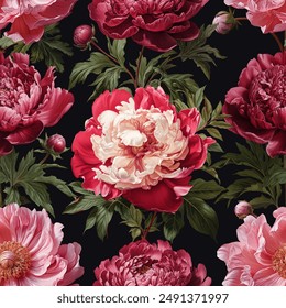 Seamless vector pattern with pink peony flowers isolated on a changeable  background.