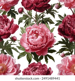 Seamless vector pattern with pink peony flowers isolated on a changeable background.