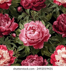 Seamless vector pattern with pink peony flowers isolated on a changeable background.