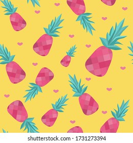 Seamless vector pattern with pink pineapple on a yellow background.