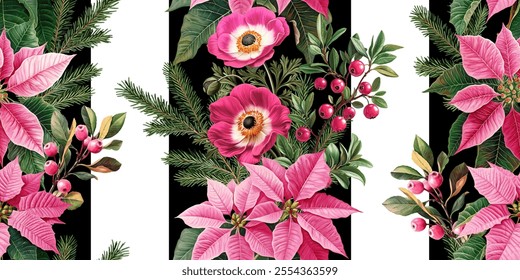 Seamless vector pattern with pink poinsettia flowers and berries isolated on a changeable background. Vintage watercolor style illustration.