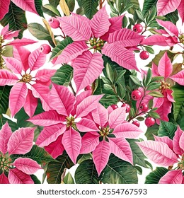 Seamless vector pattern with pink poinsettia flowers and berries isolated on a changeable background. Vintage watercolor style illustration.	