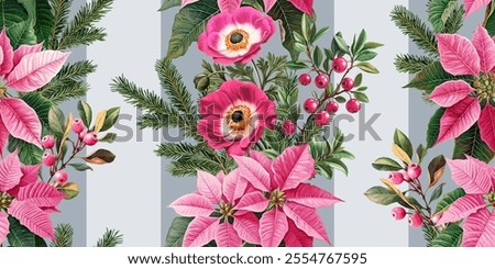 Seamless vector pattern with pink poinsettia flowers and berries isolated on a changeable background. Vintage watercolor style illustration.