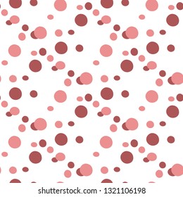 Seamless vector pattern with pink polka dots, circles scattered around on white background. Beautiful cover, wrapping and wrapping background. Abstract cute illustration.
