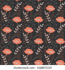 Seamless vector pattern with pink poppies and twigs. Hand drawn plants on dark background. Three colors. Decorative texture for fabric, Wallpaper, stationery, bedding.