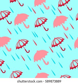 Seamless vector pattern with pink and purple umbrellas and blue drops. Cute spring background. Cartoon weather illustration