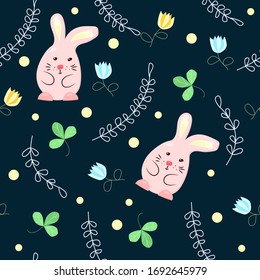 Seamless vector pattern: pink rabbits, herbs, tulips, spring flowers isolated on a dark background