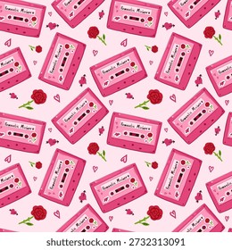 Patrón de Vector sin fisuras con cintas de cassette retro rosa, rosas y corazones. Fondo de estilo nostálgico de los años 90 para el día de San Valentín, papel de regalo romántico y diseño textil.
