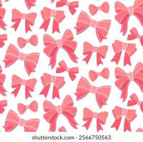 Seamless vector pattern with pink ribbons in a flat style on white background. Valentines soft and delicate girly texture. Feminine textile for backgrounds, gift wrapping, wrapping paper