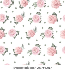 Seamless vector pattern. Pink roses, eucalyptus, green plants and leaves.