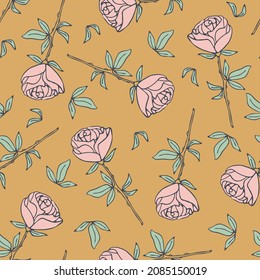 Seamless vector pattern with pink roses on yellow background. Romantic vintage floral wallpaper design. Decorative valentines day fashion textile.