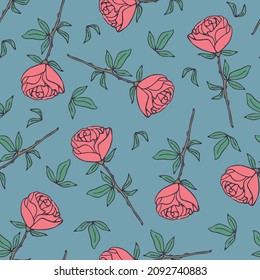 Seamless vector pattern with pink roses on blue background. Romantic floral wallpaper design. Decorative wedding fashion textile.